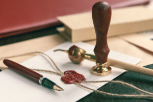notary pen resting on a letter that has been sealed with wax
